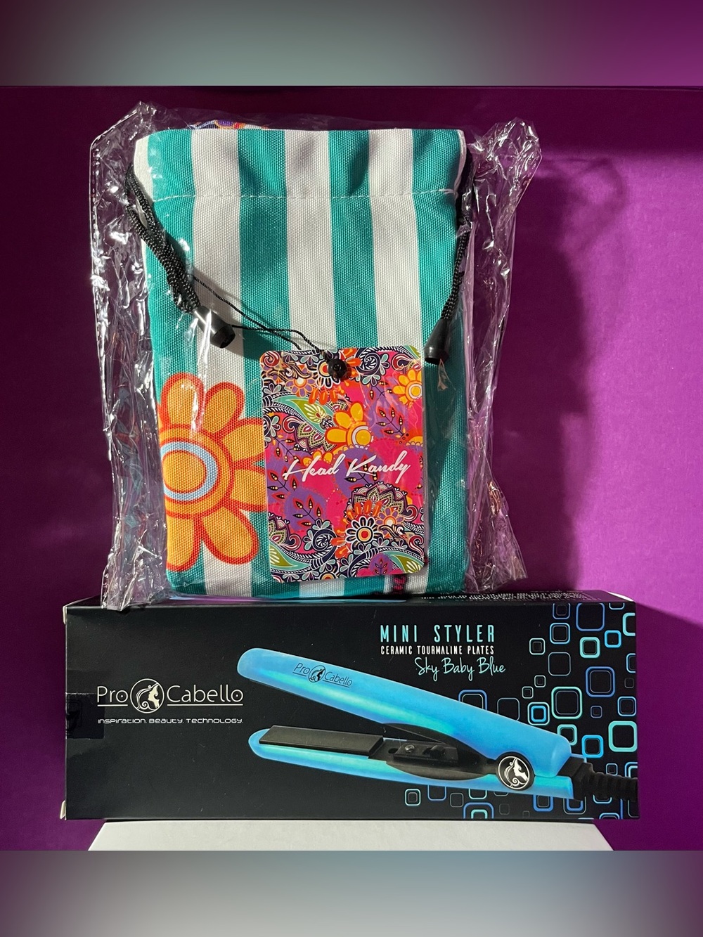 HEAD KANDY - Pro Cabello Sky Baby Blue Mini Styler with Turquoise Striped Pouch